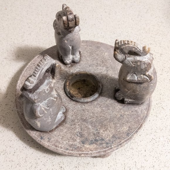 Carved Elephant Candle Holder Natural Stone Boho Large Heavy Base Taupe Brown - Picture 3 of 4